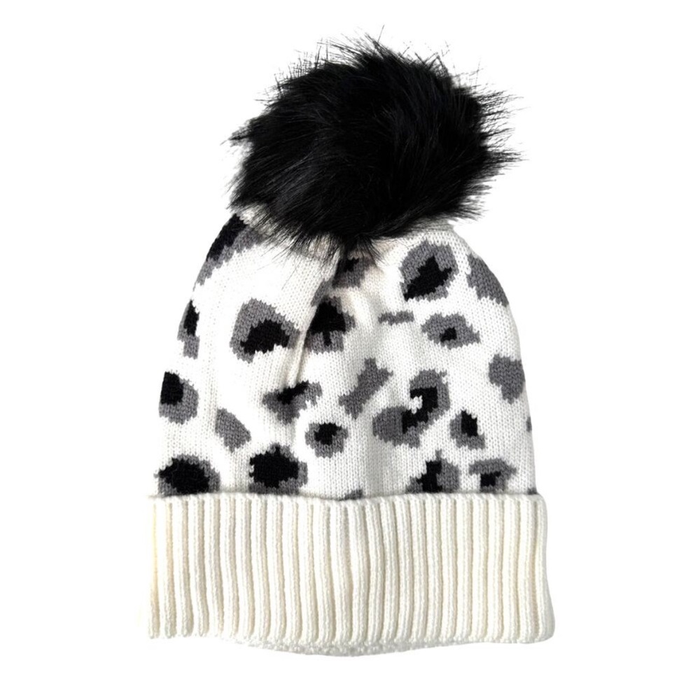 Virginia Wolf Leopard Beanie with Faux Fur Snap Pom Pom - White / Black - NIB